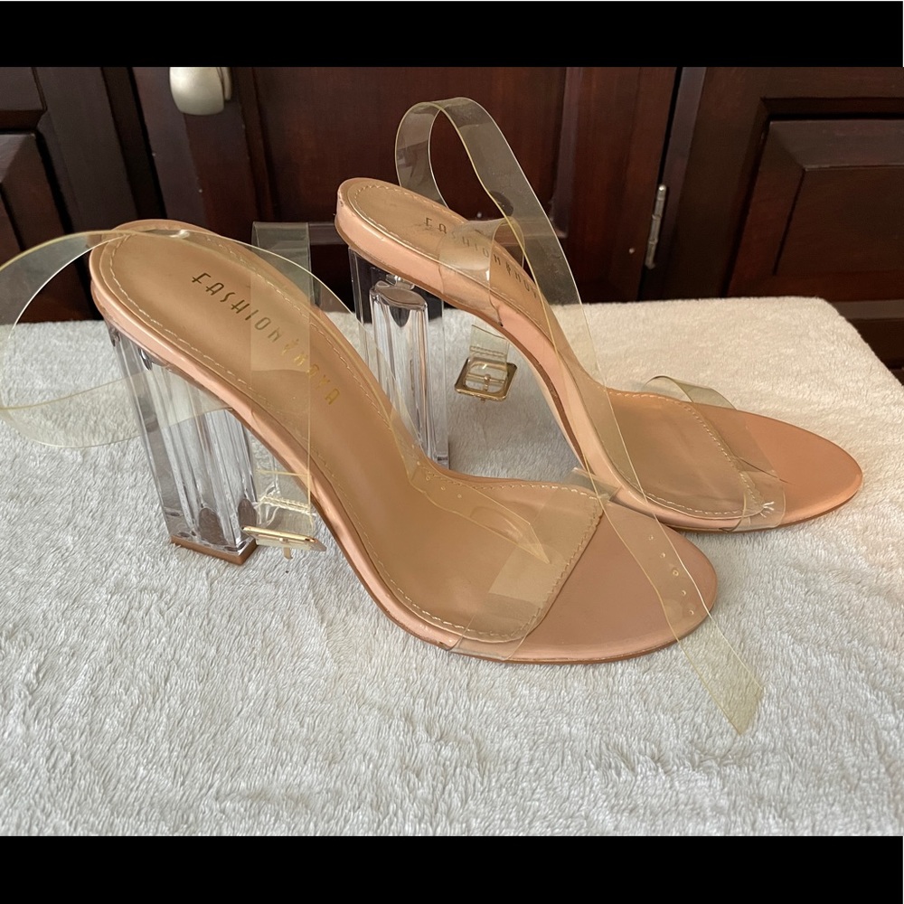 4.5” clear heeled sandals from Fashion Nova.
